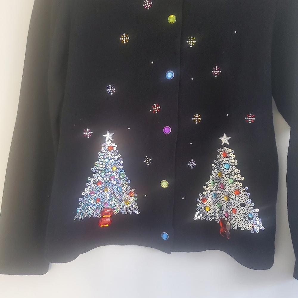 Coral Bay Women's Sz S Black bedazzled Holiday Lightweight Cardigan - Picture 8 of 10